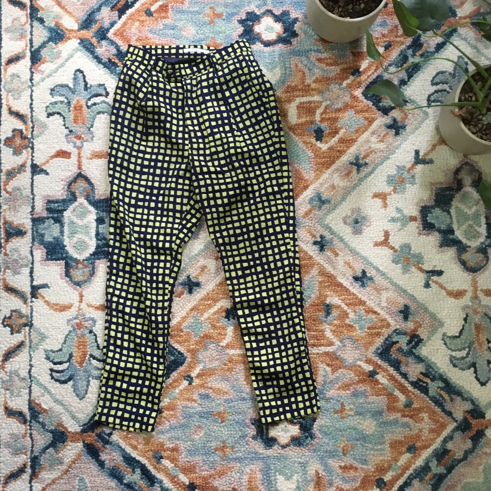 Lemon/Navy printed check high waist trousers